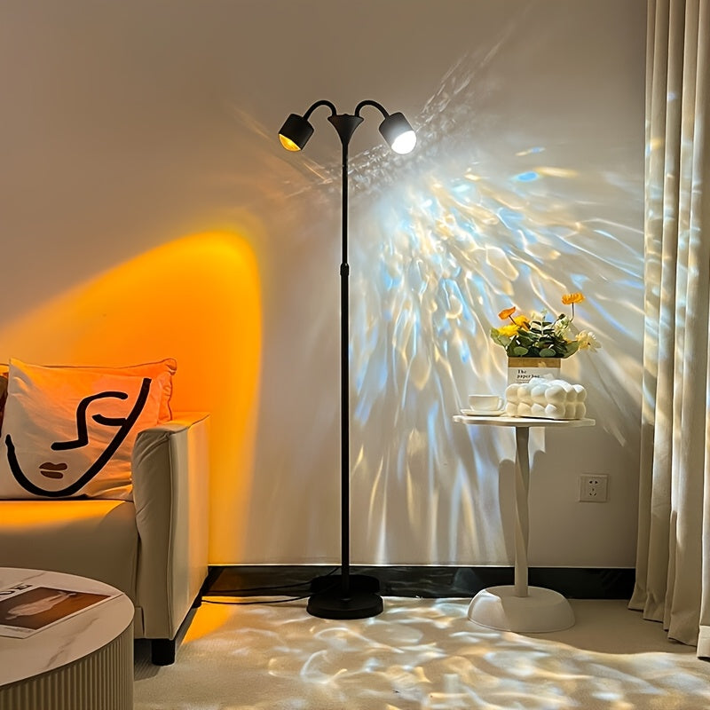 Sunset Ocean Wave Projector Lamp, Double Headed RGB Mood Light with 360° Rotation, 3D Ripple Effect, DIY Colors, for Bedroom, Living Room, Parties Black