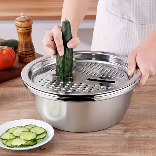 Set of 3 Stainless Steel Kitchen Tools Featuring a Built-In Grinder, Versatile Filter, And Mixing Bowl - Perfect for Washing And Slicing Fruits, Vegetables, And Cheese. Ensures Food Safety with a Drainage System