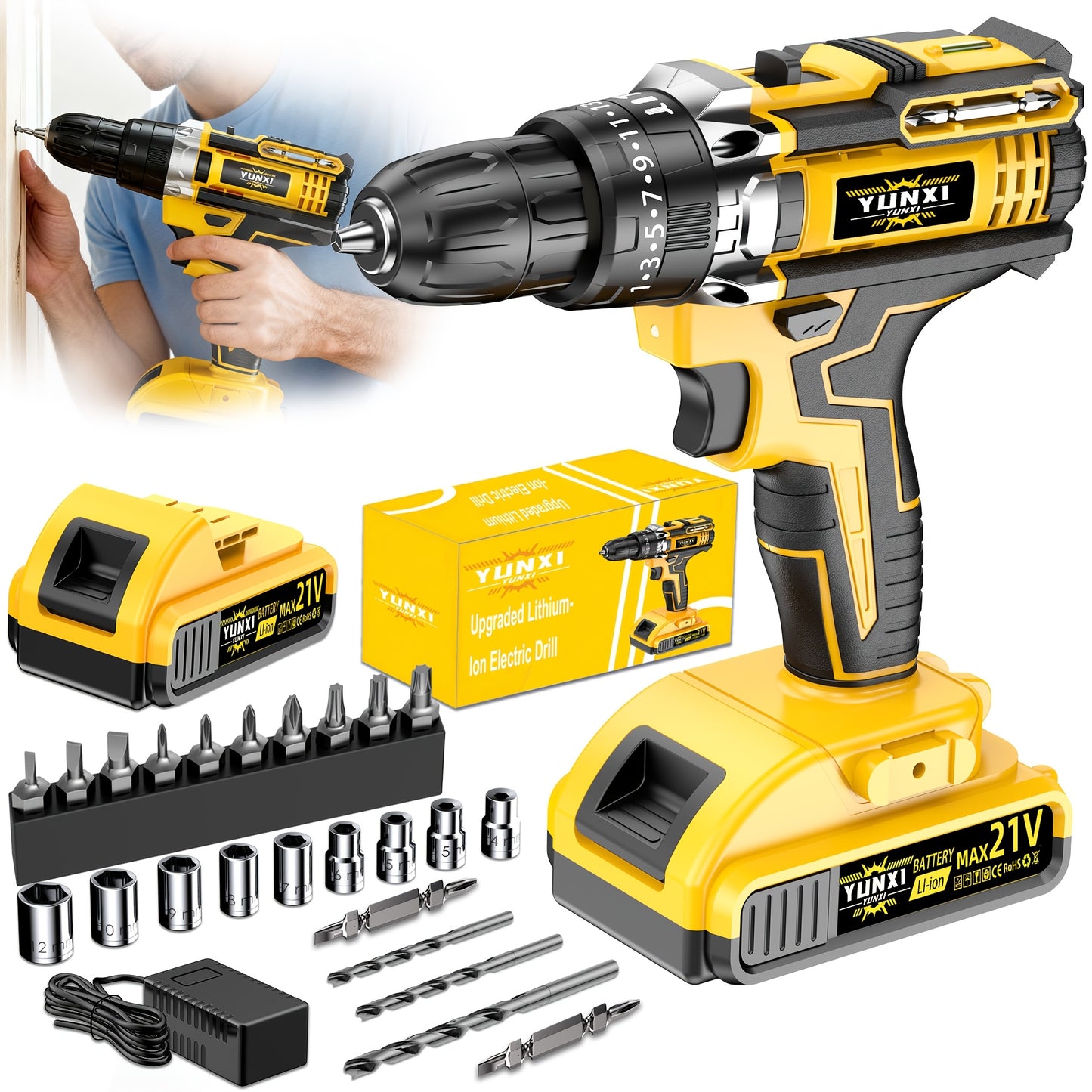 21V Cordless Impact Drill Set (2.0AH Battery and Fast Charging), Optional Drill Set and Storage Box, Equipped with Drill and Electric Screwdriver, with Work Light, Speed and Torque Adjustment - Suitable for Car and Home Maintenance | Men's Gift