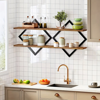 2/4pcs Double Layer Geometric Diamond Wall Floating Shelf Decorative Industrial Hanging Metal Wire Wooden Display Stand, Simple Style Wall Floating Stand, Artistic Style, Suitable for Living Room Kitchen, Floating Shelves