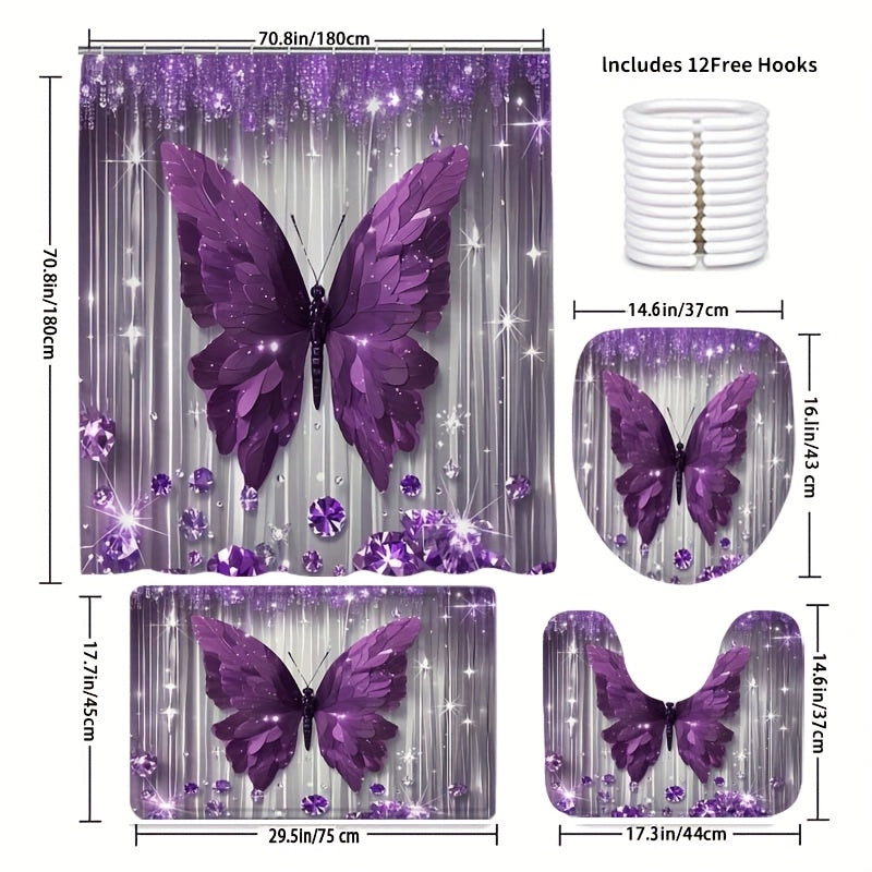 1pc/4pcs Diamond Butterfly Print Bath Curtain Set, Non-slip Bathroom, U-shaped, Toilet Seat Cover, Machine-washable Nylon Bath Curtain With 12 Durable Hooks 70.8x70.8 Inches, Bathroom Decorations And Accessories, Suitable For All Season