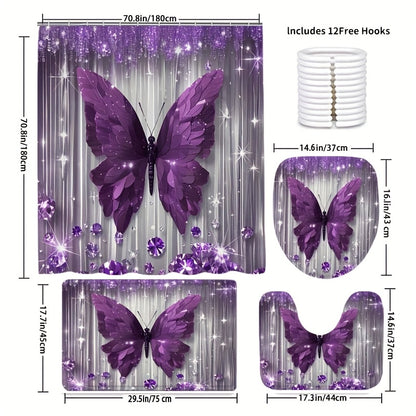 1pc/4pcs Diamond Butterfly Print Bath Curtain Set, Non-slip Bathroom, U-shaped, Toilet Seat Cover, Machine-washable Nylon Bath Curtain With 12 Durable Hooks 70.8x70.8 Inches, Bathroom Decorations And Accessories, Suitable For All Season