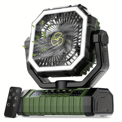 20000Mah Portable LED Camping Fan with Built-In Light, Rechargeable Ventilator, USB Rechargeable Outdoor Cooling Fan for Tents, Hiking, Fishing - Rugged Compact Design, Green And Orange, Hiking Essentials, Sturdy Handle Feature, Camping Additions
