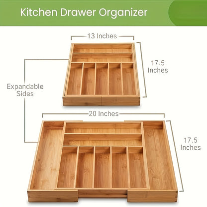 Bamboo Kitchen Drawer Organizer, Expandable Wood Utensil Tray, AdjustableSilverware Organizers for Drawers, 9 Compartments for Fork, Spoon & Knife UtensilsCutlery Organizer & Divider