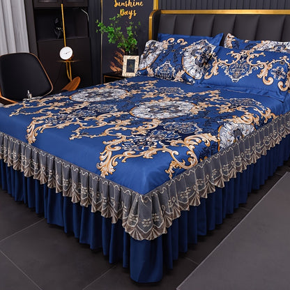 3pcs Double Layer Ruffle Bed Skirt Style Cool Mat Three Piece Set with Pillowcase Washable High Weight 360° Full Wrap