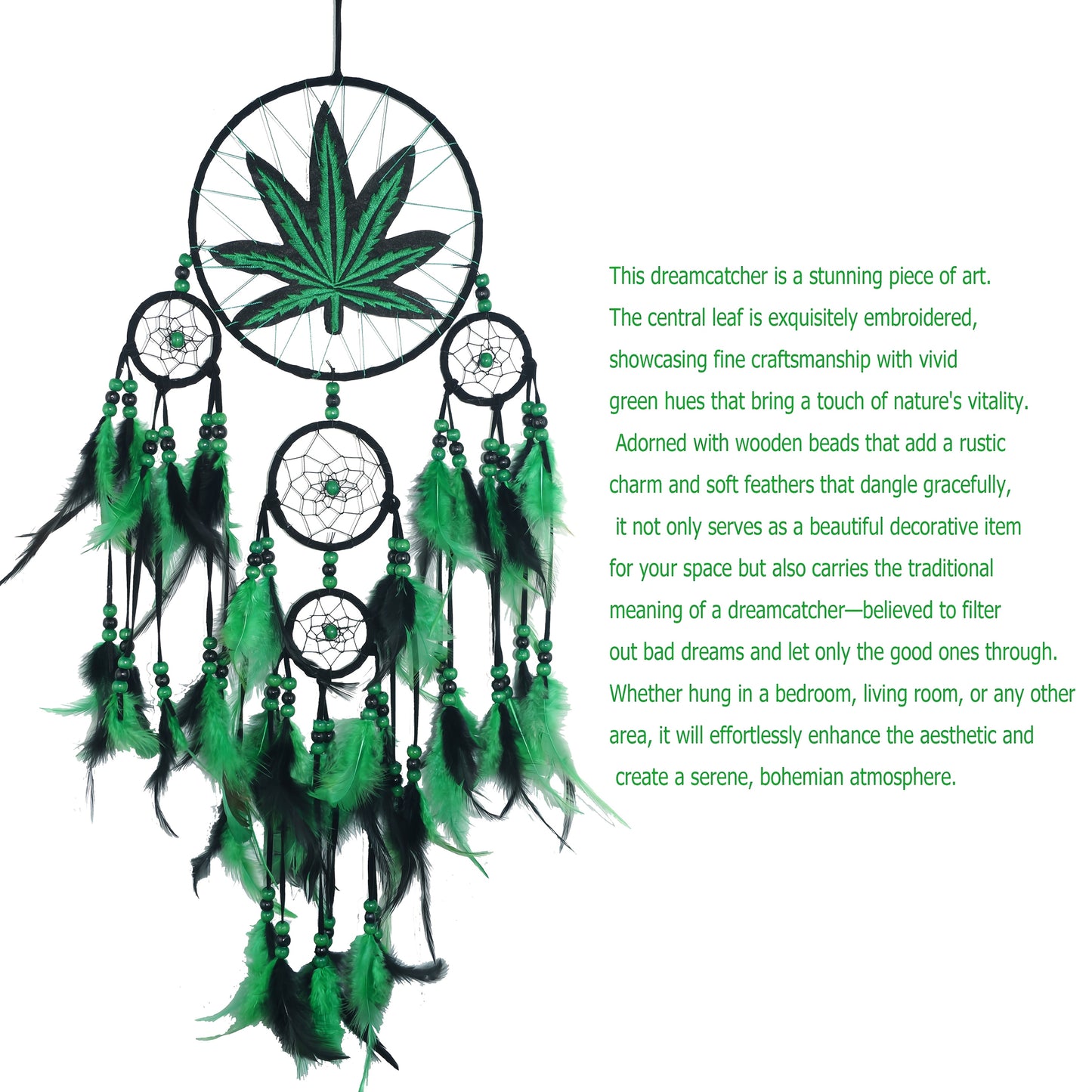 Bohemian Dream Catcher with Feathers & Leaf Embroidery – Boho Wall Hanging Decor for Bedroom, Bedside, Cabin & Living Room – Handcrafted Woven Dreamcatcher Gift for Women and Men