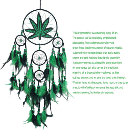 Bohemian Dream Catcher with Feathers & Leaf Embroidery – Boho Wall Hanging Decor for Bedroom, Bedside, Cabin & Living Room – Handcrafted Woven Dreamcatcher Gift for Women and Men