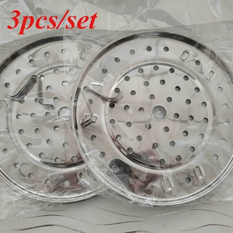 3pcs Set of Stainless Steel Steamer Racks - Suitable for Storage Pots. It Is A Multi-Layered Round Steamer Insert with Can Holder Additions, And Is Highly Suitable for Use in Home Kitchens