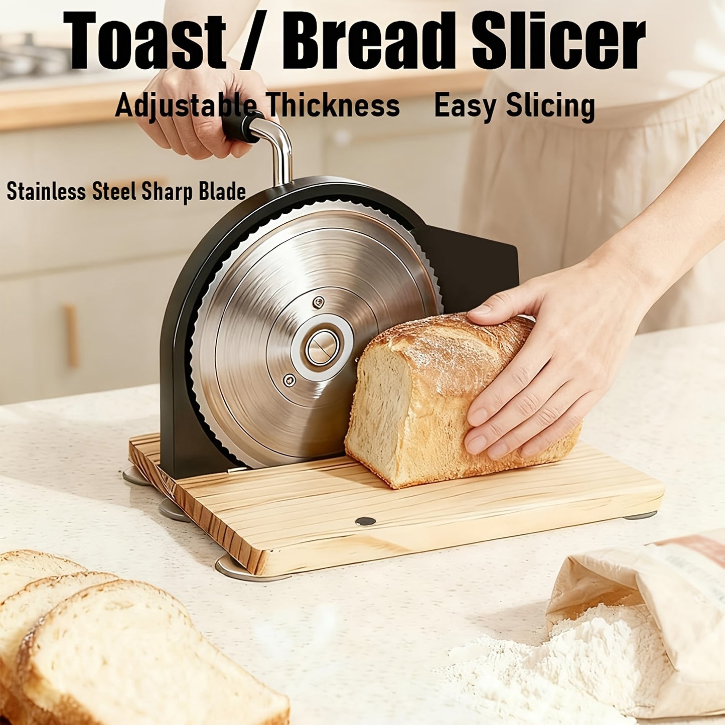 Hand-Operated Bread Cutter for Artisanal Sourdough, Featuring Adjustable Thickness for Uniform Slices, a Hand Crank Mechanism with Measurement Markings, And a Suction Base, Designed with a Serrated Blade