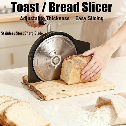 Hand-Operated Bread Cutter for Artisanal Sourdough, Featuring Adjustable Thickness for Uniform Slices, a Hand Crank Mechanism with Measurement Markings, And a Suction Base, Designed with a Serrated Blade