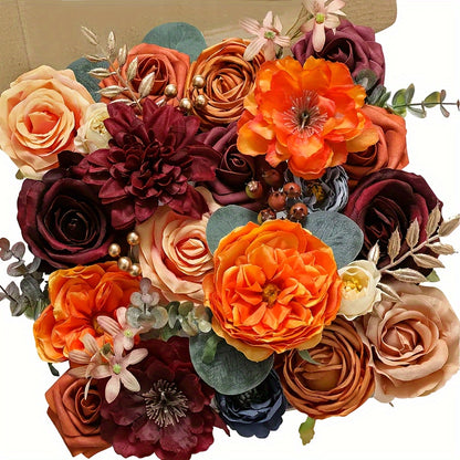 AUSOGO Artificial Orange Wine Red Blue Autumn Wedding Flower Combination, Foam Cake Flower Bride Bouquet Flower Arrangement for Tabletop, Fall Harvest Winter Halloween Valentine's Day Decoration