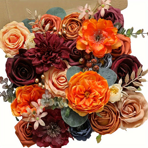 AUSOGO Artificial Orange Wine Red Blue Autumn Wedding Flower Combination, Foam Cake Flower Bride Bouquet Flower Arrangement for Tabletop, Fall Harvest Winter Halloween Valentine's Day Decoration