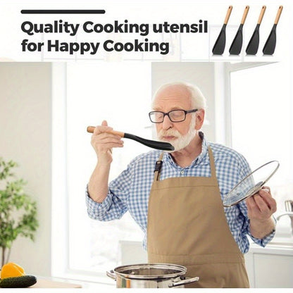 The Ultimate Silicone Kitchen Tool Set: 2/4pcs 12-Inch Utensils for Frying, Baking, Mixing & Serving - Wood Handle Stay-Cool Grip, Perfect for Non-Stick Cookware