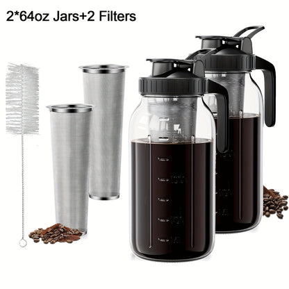 2 Sets Of 64oz Cold Brew Coffee Pots with Filters And Brushes, Household Coffee Pots, Professional Filtering Coffee Pots, 64oz Capacity, Including Stainless Steel Filters, Household Black Mason Cans (2 Sets Of Cans+2 Filters+1 Cleaning Brush)