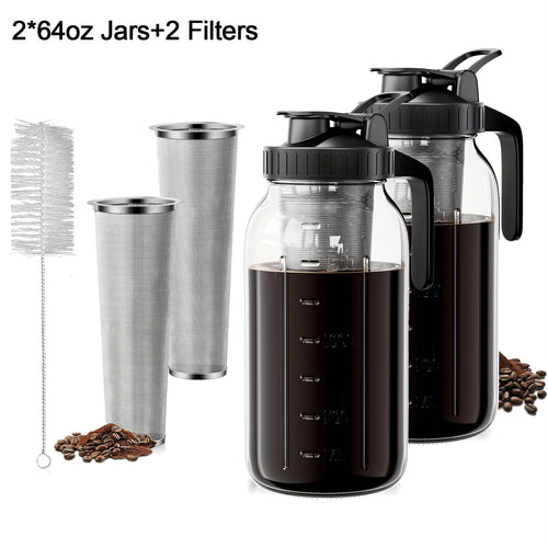 2 Sets Of 64oz Cold Brew Coffee Pots with Filters And Brushes, Household Coffee Pots, Professional Filtering Coffee Pots, 64oz Capacity, Including Stainless Steel Filters, Household Black Mason Cans (2 Sets Of Cans+2 Filters+1 Cleaning Brush)