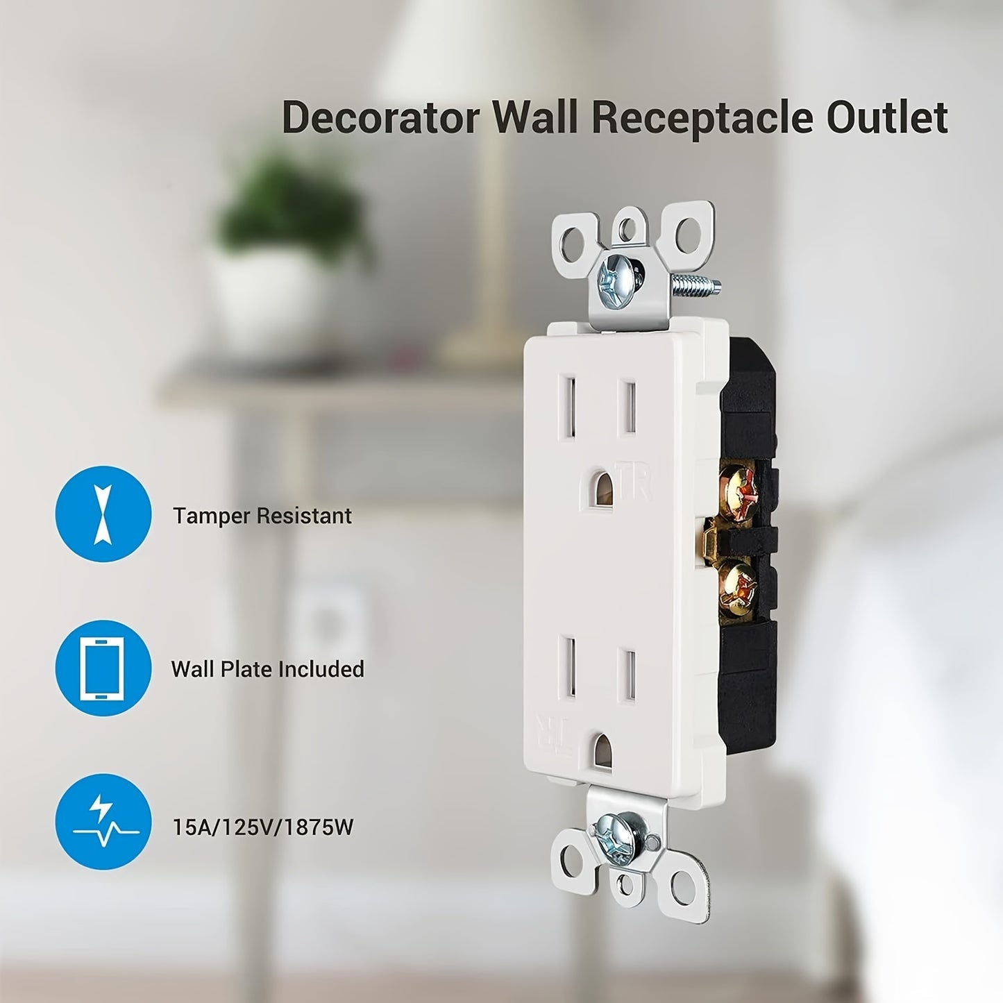 DEWENWILS Decorator Receptacle Outlet, 20pcs Standard Wall Outlets, 15Amp/ 125V, Tamper Resistant, Wall Plates Included, White-HRWS20A