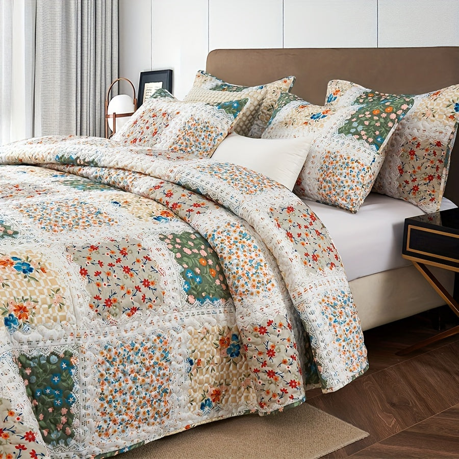 2/3pcs Quilt Set Queen King Twin Full Size Women Mother Valentine Day Gift, Lightweight Floral Patchwork Comforter Bedding Set, Quilted Bedspreads Bed Cover Boho Green Blue Pink Plaid, Soft Cozy Blanket Coverlet With Pillow Shams Spring Summer Autum