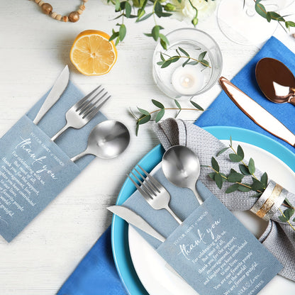 100-Piece Solid Color Thank You Wedding Napkins, Cocktail Napkins for Newlyweds, Guests, Family and Friends, with Built-in Utensil Pocket, Tissue Napkins for Bridal Shower, Rehearsal Dinner, Party Supplies, Haze Blue