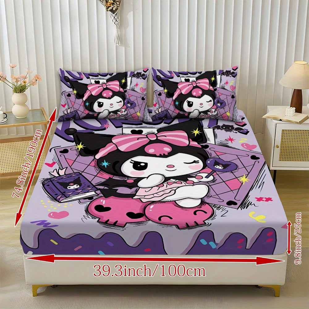 Sanrio Hello Kitty & Kuromi Bedding Set 3pcs – Fitted Sheet & Pillowcases, Soft Polyester, Machine Washable, Twin Full Queen King, All-Season Bedroom Decor for Kids Girls Home Guest Room