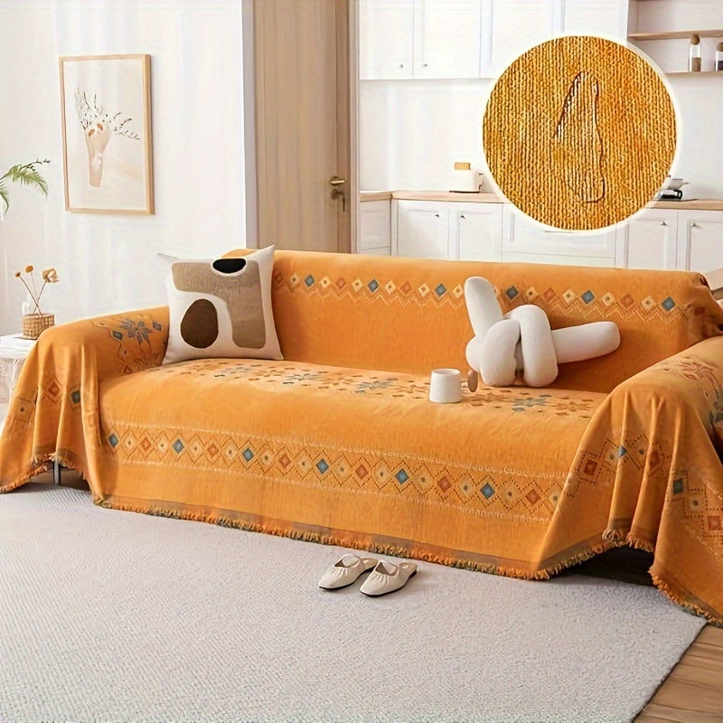 1pc Bohemian Sofa Cover with -Style Embroidery - Chenille Fabric Fit for Single/Double/Triple/Quad Sofas, Sofa Compatible for -Section Couches, Machine Washable (No Padding)