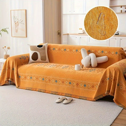 1pc Bohemian Sofa Cover with -Style Embroidery - Chenille Fabric Fit for Single/Double/Triple/Quad Sofas, Sofa Compatible for -Section Couches, Machine Washable (No Padding)