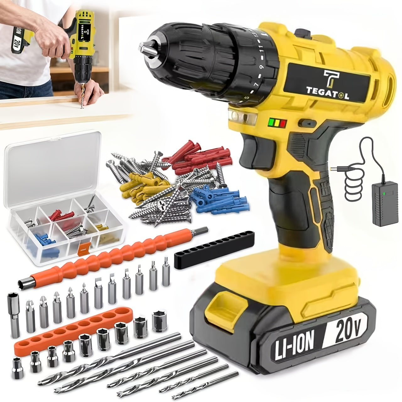 Tegatok 20V 58/136pcs/ 147pcs Cordless Impact Drill Kit With 20 Plus 3 Torque Settings 45Nm Max Torque Built In LED Light 2.0Ah Rechargeable Battery And Fast Charger Ideal For Home Renovation Woodworking Furniture Assembly Metal Drilling
