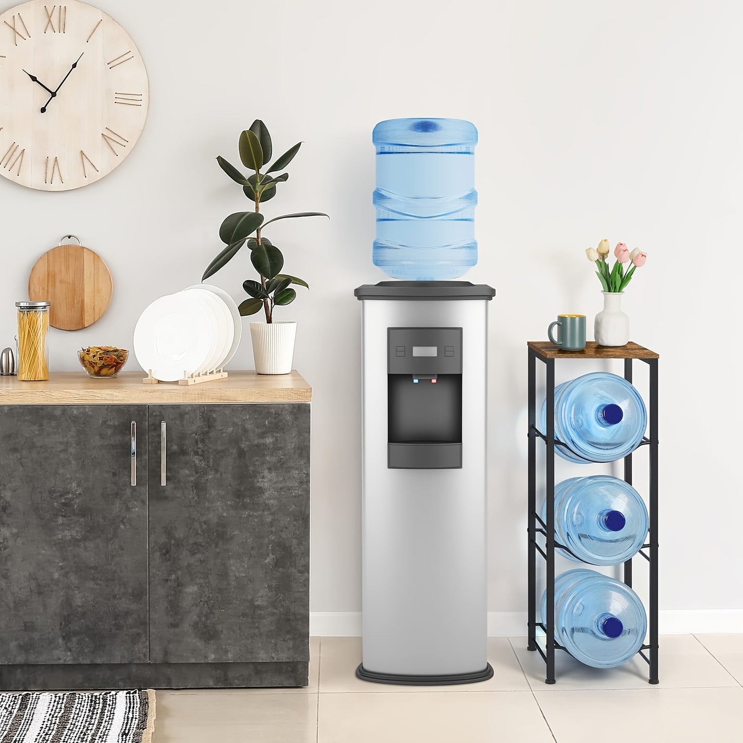 3-Tier 5 Gallon Water Jug Holder with Storage Shelve, 5 Gallon Water Bottle Holder, Water Jug Stand, Water Jug Rack, Water Bottle Organizer for Kitchen, Office, Living Room, Brown, Standing Shelf