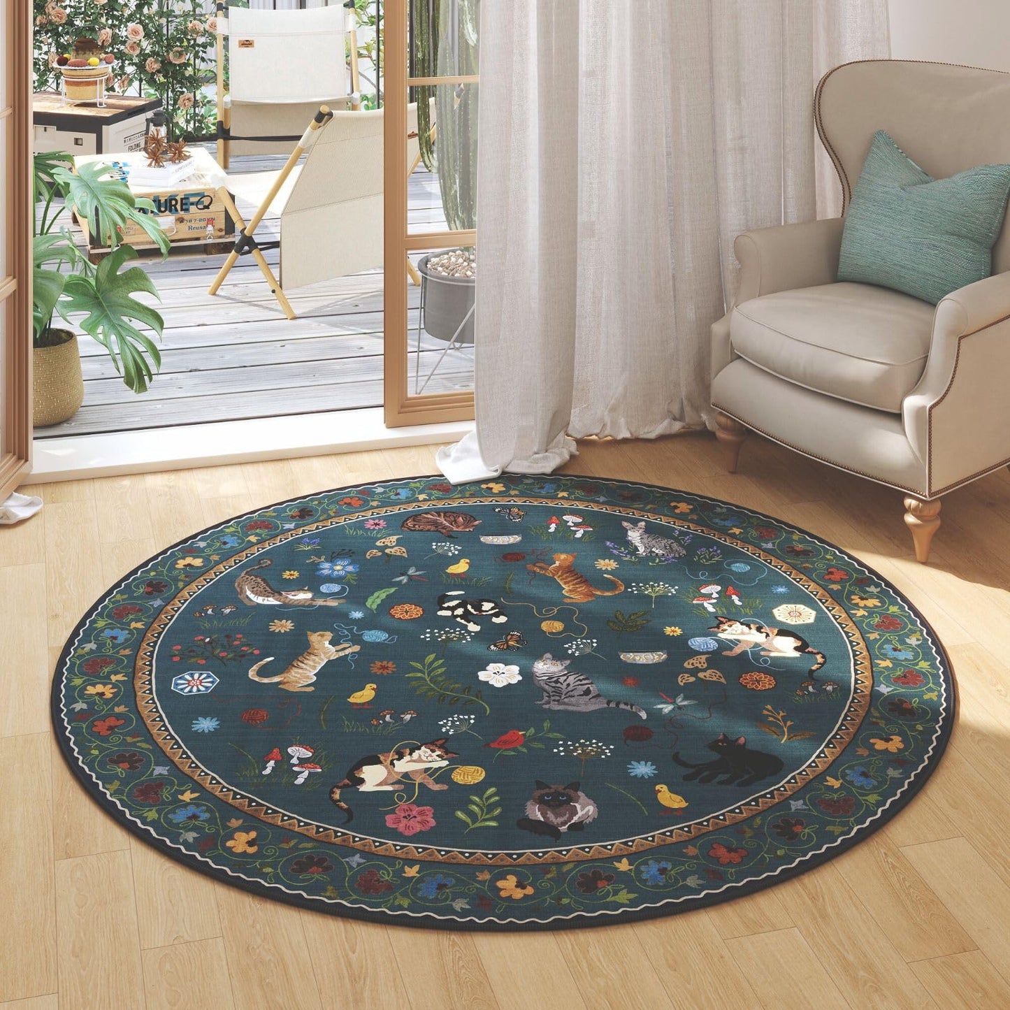 Boho Cat Floral Area Rug – Vintage Blue Animal Print Low Pile Carpet, Non-Slip Soft Rug for Living Room, Bedroom & Dining Room, Round & Runner Sizes, Easy Clean