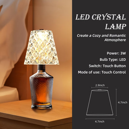 Wireless Wine Bottle Lamp – USB Rechargeable Acrylic Crystal Shade, 3-Color Touch Control Smooth Dimming, 2000mAh Cordless Bottle Light for Bar Decor, Home, Kitchen, Party & Table Ambiance (1pc / 2pcs)