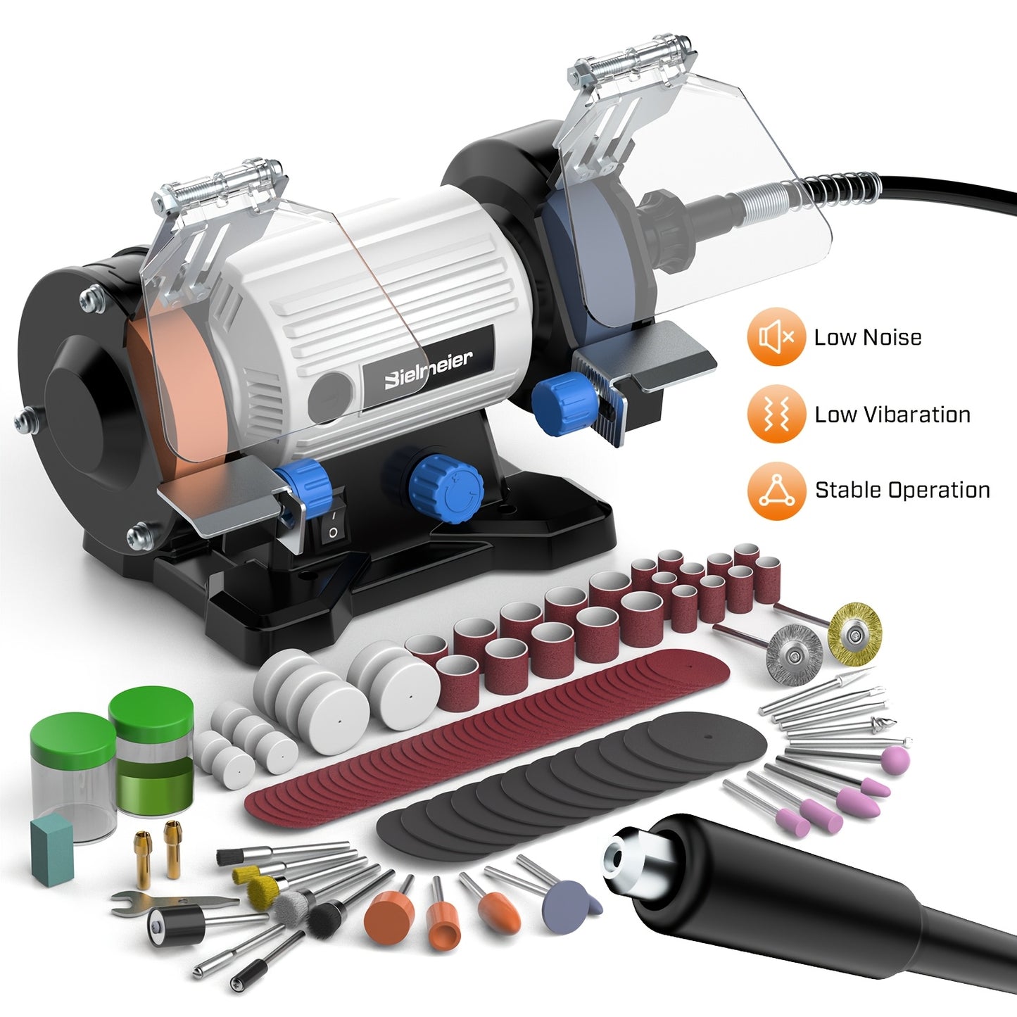 Bielmeier Bench Grinder 3", Rotary Tool with 110pcs Accessories, Bench Buffer Polisher with Long Flexible Shaft (105cm), Ideal for Wood, Jewelry, Metal, Plastic, Stone, Compact Design, Weight Only 3.97LB, Low Noise, Low Vibration, Easy to Use