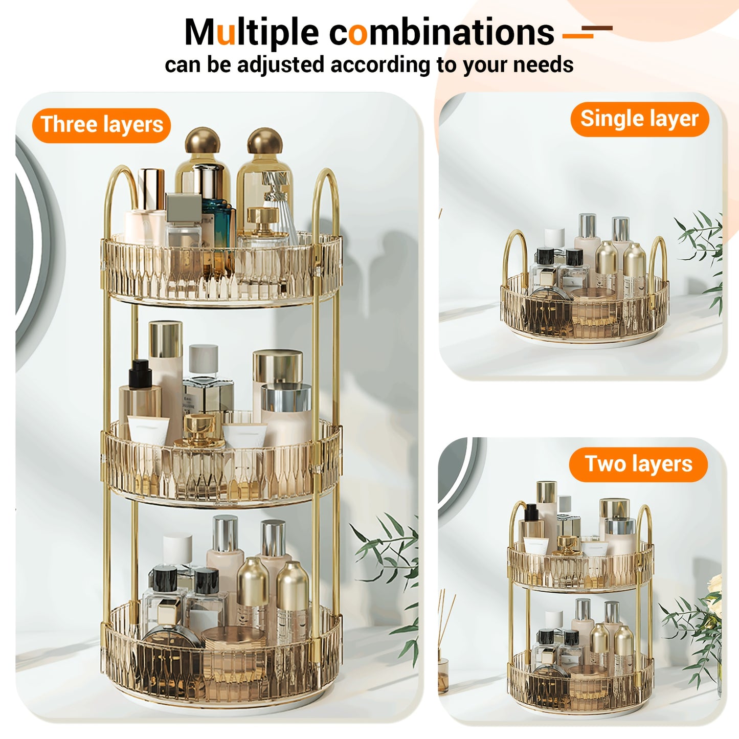 2/3 Floor Bathroom Trays 360 Rotating Makeup Organizer High-Capacity Skincare Clear Make Up Storage Perfume Organizers Detachable Multi-functional Assembly The Third Layer Comes with An Additional 2 U-shaped Hooks And 1 Tray, Bathroom Trays