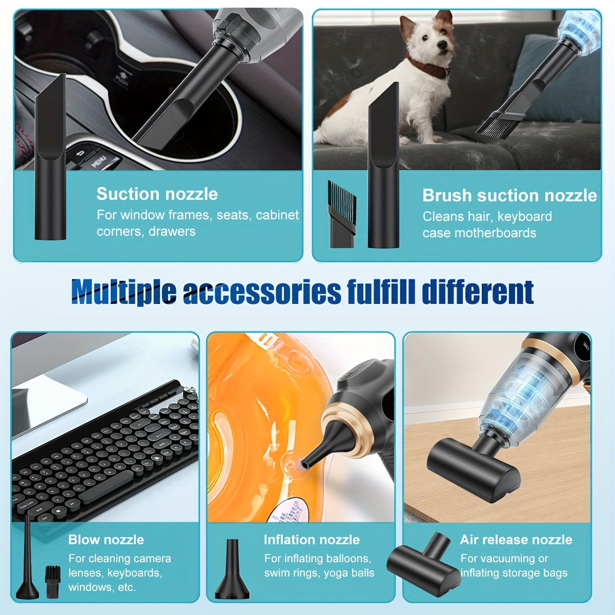 Portable Car Vacuum Cordless Mini Handheld Vacuums Cleaner Rechargeable with LCD Display And Multi-Nozzles, High Power Hand Held Cleaners for Car, Home, Office, Sofa, Pet Hair, Keyboard