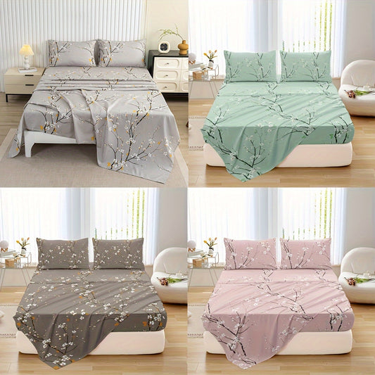 4-Piece Tree Branch Plum Blossom Bed Sheet Set | Deep Pocket 15 Inch | High Definition Printing | 1 Bed Cap + 1 Bed Sheet + 2 Pillowcases | All-Season Polyester | Machine Washable