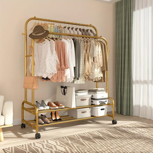 Durable Metal Clothing Rack with Double Rods And Wheels, Featuring Shelves And Hooks, Designed for Heavy-Duty Use to Hang Garments, Versatile Closet Solution for Bedrooms, in Black