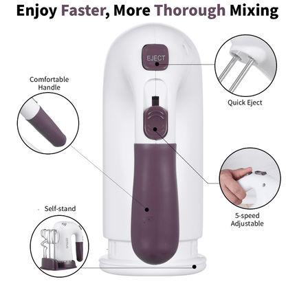 Hand Mixer Electric, 400W Kitchen Mixers with Storage Stand, Turbo Boost/Self-Control Speed + 5 Speed + Eject Button + 5 Stainless Steel Accessories, For Cream, Cake