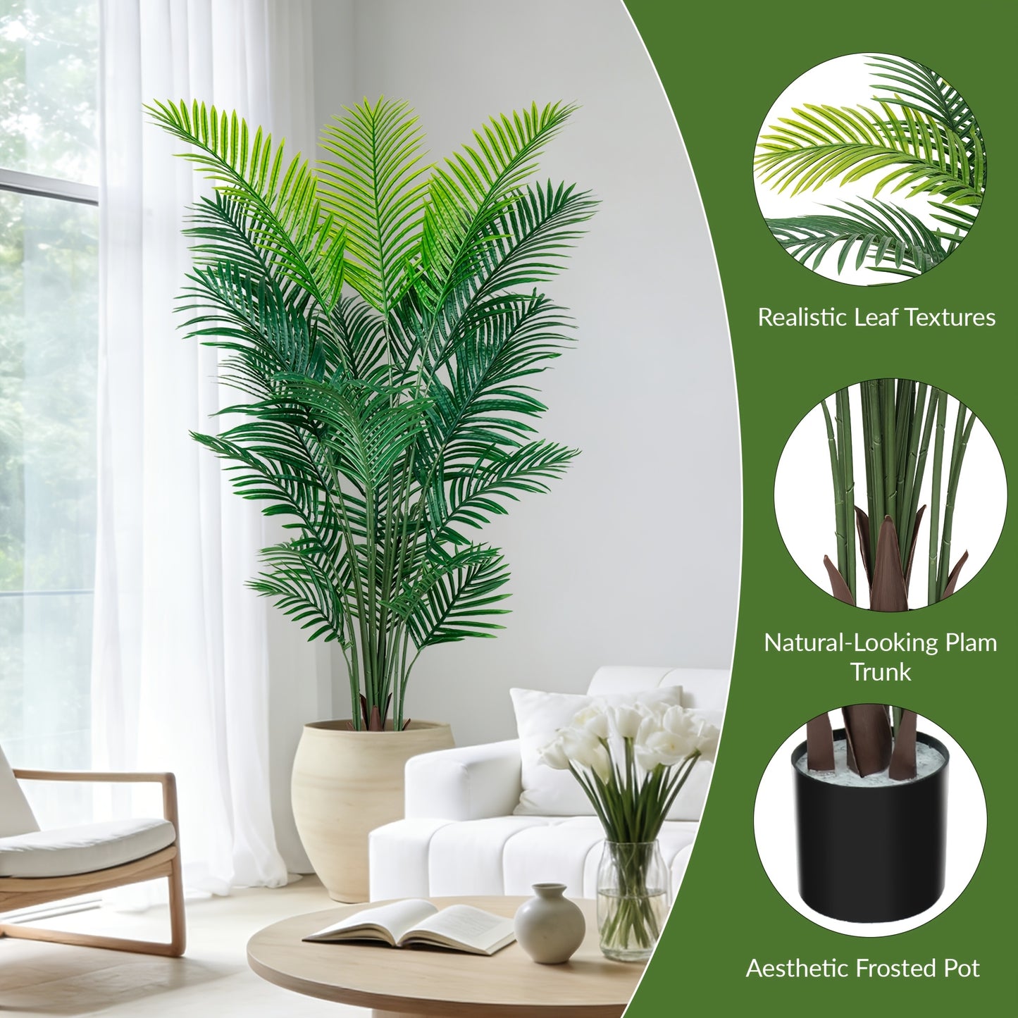 Artificial Palm Tree Fake Indoor Plant – 4/5/6FT Faux Tropical Areca Palm with Realistic Leaves, Planter Options, for Living Room Bedroom Office Patio Home Decor