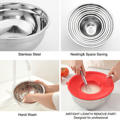 Set of 21 Mixing Bowls with Lids, Made of Stainless Steel, Includes 3 Grater Attachments, Sizes Ranging from 0.7QT to 4.5QT, Perfect for Cooking, Baking, And Serving in The Kitchen, Suitable for Christmas Use