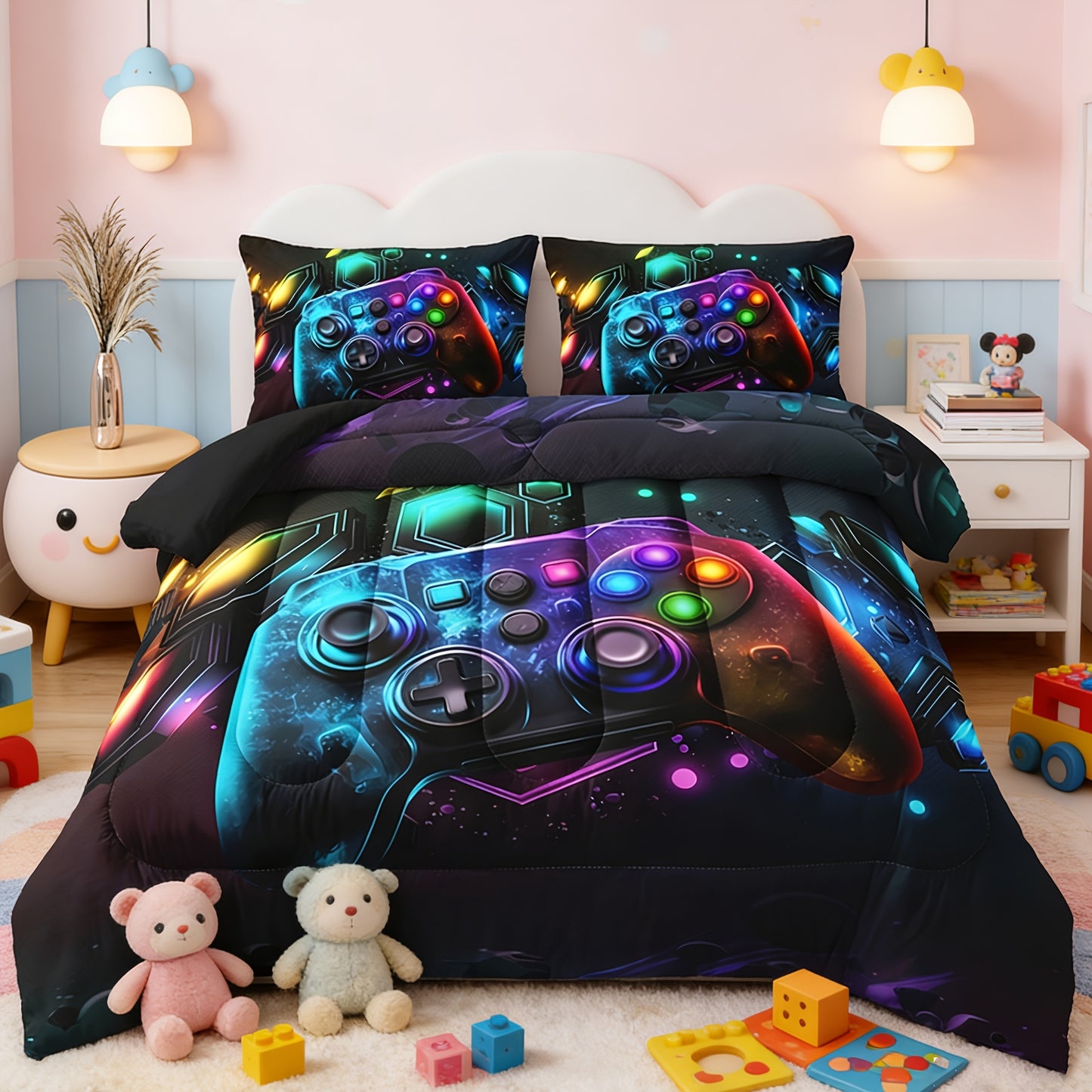 Tog 3 3pcs Kid Super Soft Breathable Leisure Game Handle Thickening Quilt Set (1 Comforter +2 Pillowcases Without Pillow Core), Contains Padding 180Gsm Quilting Soft Ventilate Digital Printing Bedroom Dormitory At Home