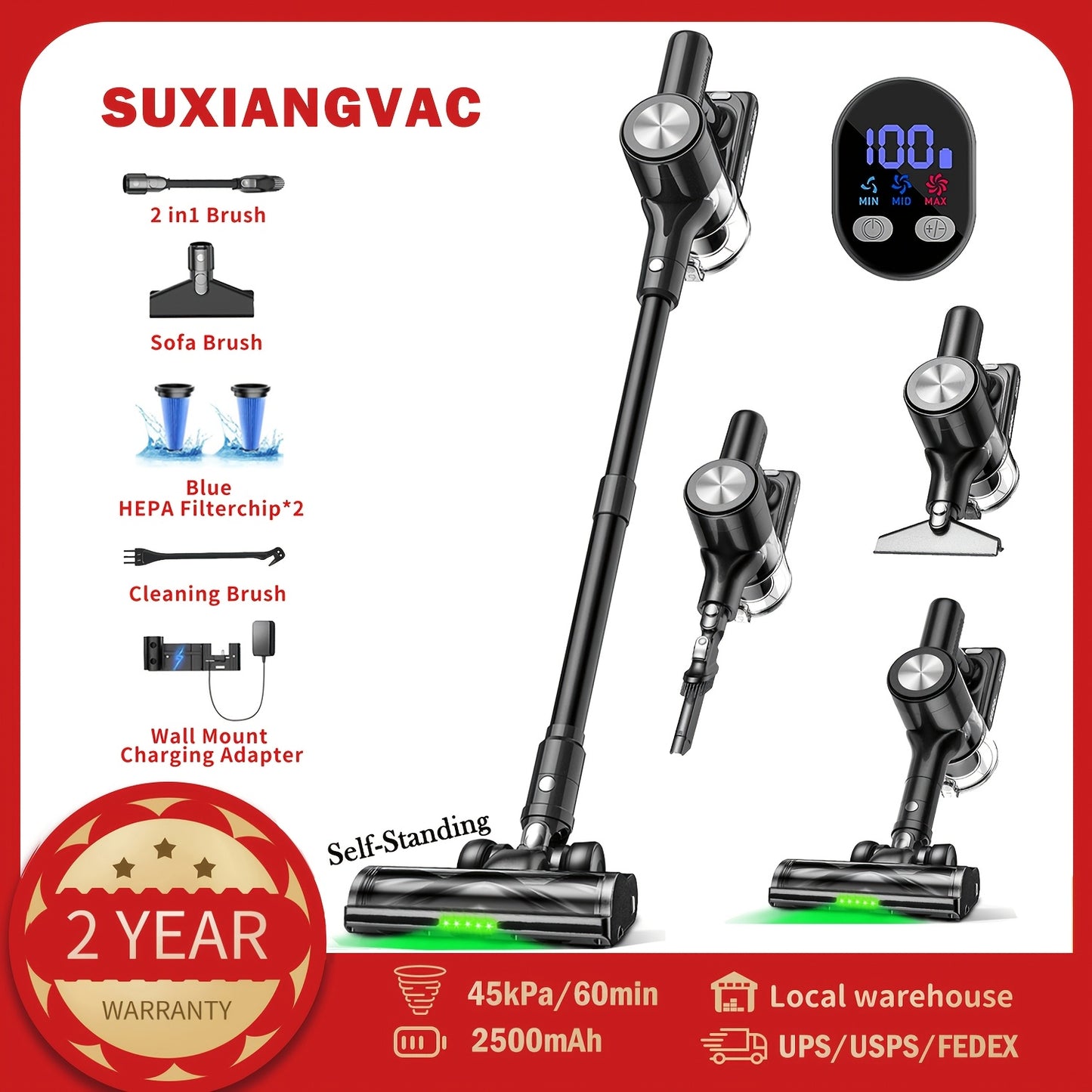 Cordless Vacuum Cleaner, 45KPA Powerful Cordless Vacuum Cleaner, Upgraded Green Light & Anti-Tangle FloorBrush, 8-in-1 Vacuum Cleaners for Home, Lightweight Powerful Stick Vacuum Cleaner, for Carpet, Pet Hair, Tile, Hardwood Floor