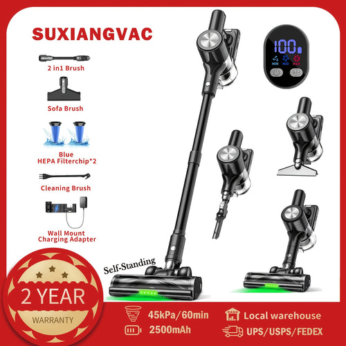 Cordless Vacuum Cleaner, 45KPA Powerful Cordless Vacuum Cleaner, Upgraded Green Light & Anti-Tangle FloorBrush, 8-in-1 Vacuum Cleaners for Home, Lightweight Powerful Stick Vacuum Cleaner, for Carpet, Pet Hair, Tile, Hardwood Floor