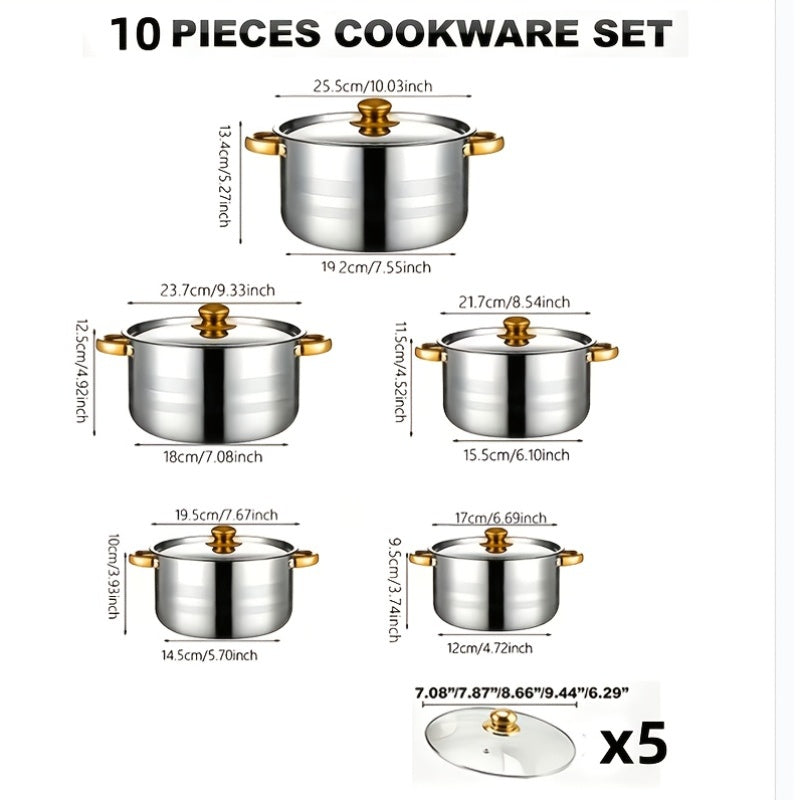 10/12pcs Stainless Steel Cookware Set - Non-Stick Frying Pan, Stockpot And Milk Pot with Lid - Multi-Functional Kitchen Essentials, No Charging, No Batteries, Orange