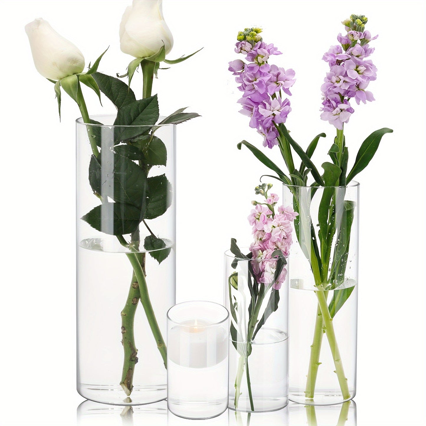 TOMNK 12/24/48pcs Clear Glass Cylinder Vases, 4, 6, 8, 10 Inch Tall Cylinder Vases for Centerpieces, Glass Flower Vase, Hurricane Floating Candle Holder Vase for Kitchen, Party, Wedding, Home Decor, for Valentines Decorations, Halloween, Christmas