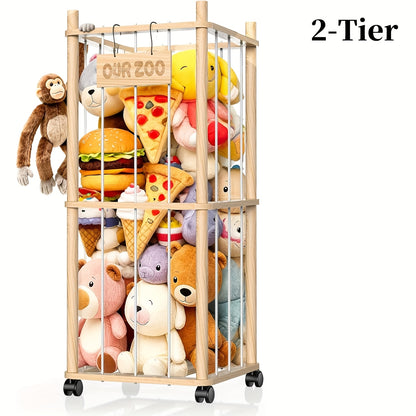 Stuffed Animal Storage & Holder, Natural Pine Wood Plushies Storage with Wheels, Large Capacity Stuffed Animal Zoo with Building Block Bag, Space Save Organizer for Nursery Playroom & Bedroom