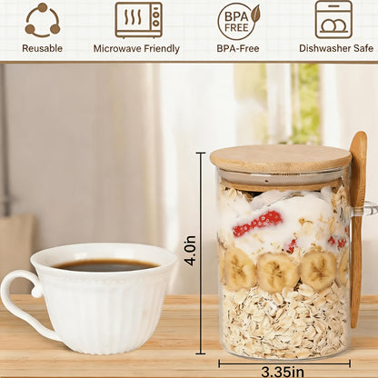 4/6pcs Dessert Bowl, Overnight Oats Containers with Lids, 18oz Overnight Oats Jars with Spoons, Salad Meal Prep Jar with Bamboo Lids for Chia Seed Pudding Salad Cereal Coffee Flour, Sourdough Starter Jar for Bread