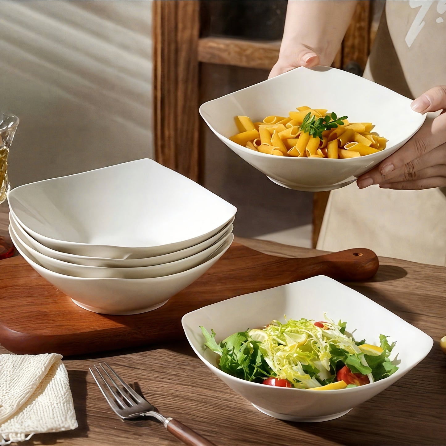 4/8/16pcs White Salad Bowl & Plate Set, Reusable PP Material. for Cold Dishes, Desserts, Party Foods. Ideal for Gatherings, Hotels, Outdoor Trips, Picnics, Weddings. Lightweight, Portable, Stackable, Microwave-safe. Practical Tableware.