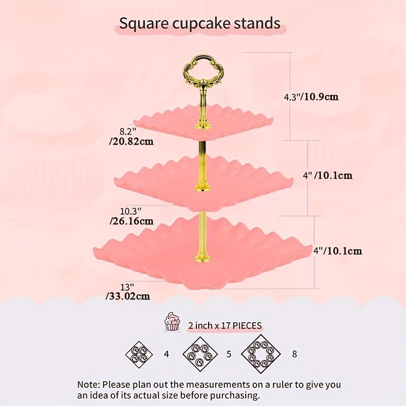5 Cake Stand Set with 2 Square Three-Tier Cupcake Stands, 3 Appetizer Trays for Birthday Baby Bridal Shower Party Christmas Halloween (Pink)