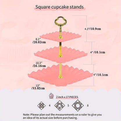 5 Cake Stand Set with 2 Square Three-Tier Cupcake Stands, 3 Appetizer Trays for Birthday Baby Bridal Shower Party Christmas Halloween (Pink)