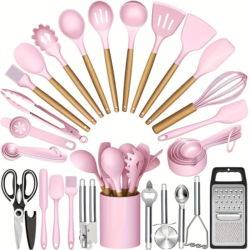 Silicone Cooking Utensils Set 35-Piece with Holder Rack Wooden Handle Heat Resistant Kitchen Tools for Non-Stick Pans – Complete Kitchen Utensil Set in Multiple Colors