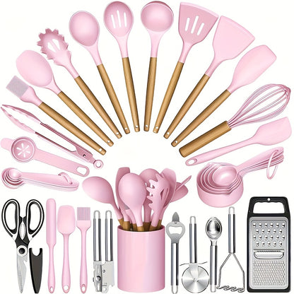 Silicone Cooking Utensils Set 35-Piece with Holder Rack Wooden Handle Heat Resistant Kitchen Tools for Non-Stick Pans – Complete Kitchen Utensil Set in Multiple Colors