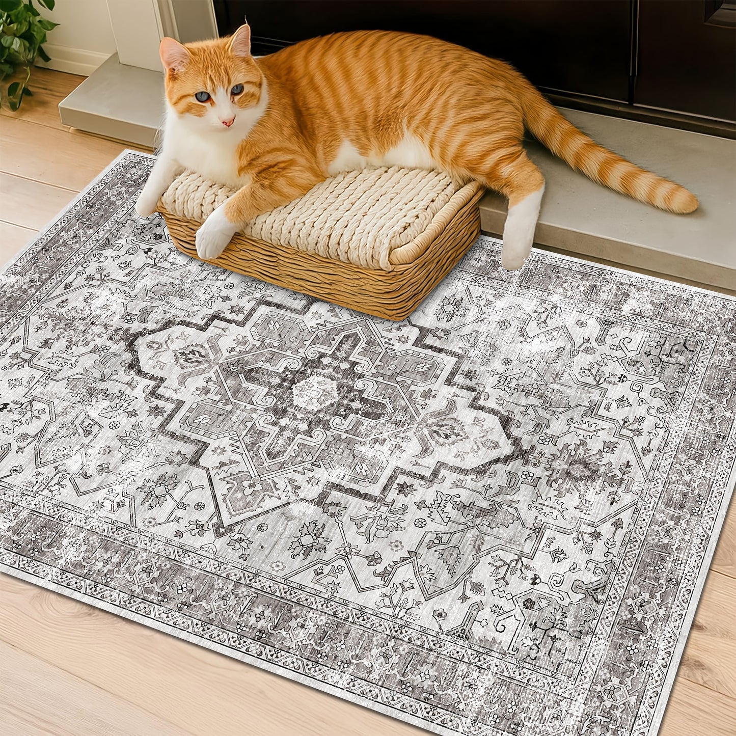 Bohemian Beige Washable Rugs, Ultra-Soft Area Rugs, Non-Slip Retro Rugs Foldable, Living Room And Bedroom Rugs